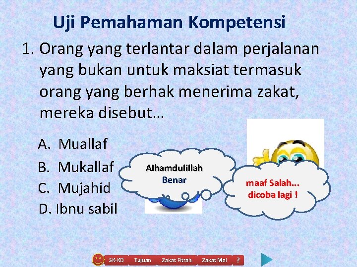 Uji Pemahaman Kompetensi 1. Orang yang terlantar dalam perjalanan yang bukan untuk maksiat termasuk