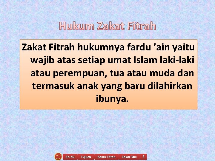 Hukum Zakat Fitrah hukumnya fardu ’ain yaitu wajib atas setiap umat Islam laki-laki atau