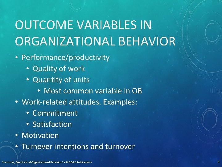 OUTCOME VARIABLES IN ORGANIZATIONAL BEHAVIOR • Performance/productivity • Quality of work • Quantity of
