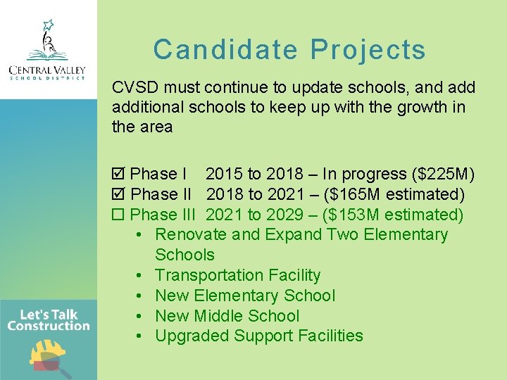 Candidate Projects CVSD must continue to update schools, and additional schools to keep up