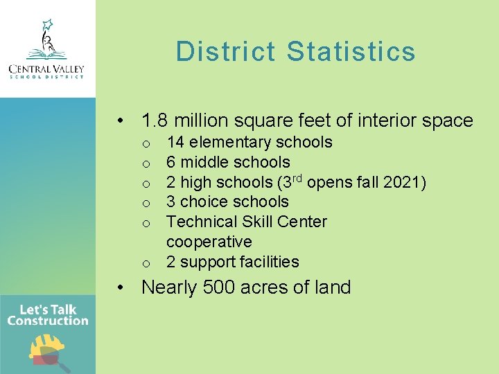 District Statistics • 1. 8 million square feet of interior space 14 elementary schools