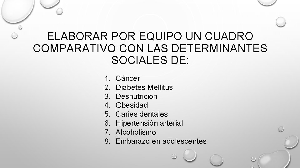 ELABORAR POR EQUIPO UN CUADRO COMPARATIVO CON LAS DETERMINANTES SOCIALES DE: 1. 2. 3.