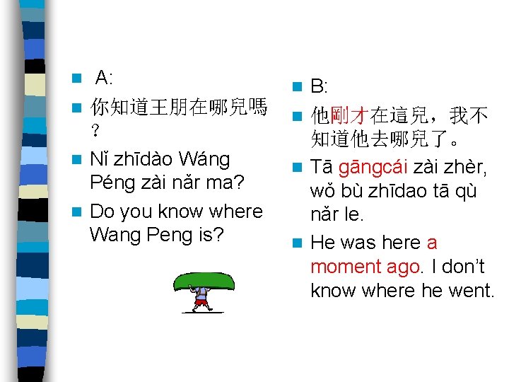 A: n 你知道王朋在哪兒嗎 ？ n Nǐ zhīdào Wáng Péng zài nǎr ma? n Do