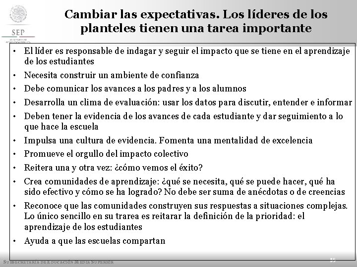 Cambiar las expectativas. Los líderes de los planteles tienen una tarea importante • El