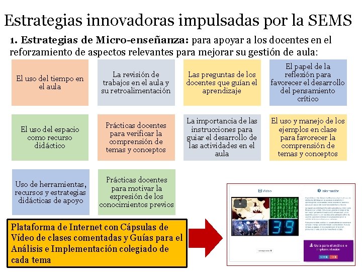 Estrategias innovadoras impulsadas por la SEMS 1. Estrategias de Micro-enseñanza: para apoyar a los