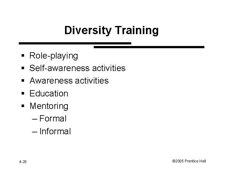 Diversity Training § § § 4 -28 Role-playing Self-awareness activities Awareness activities Education Mentoring
