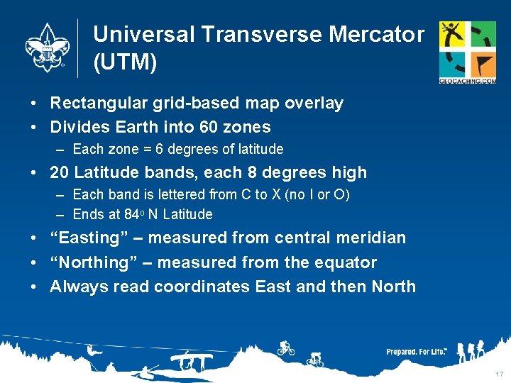 Universal Transverse Mercator (UTM) • Rectangular grid-based map overlay • Divides Earth into 60