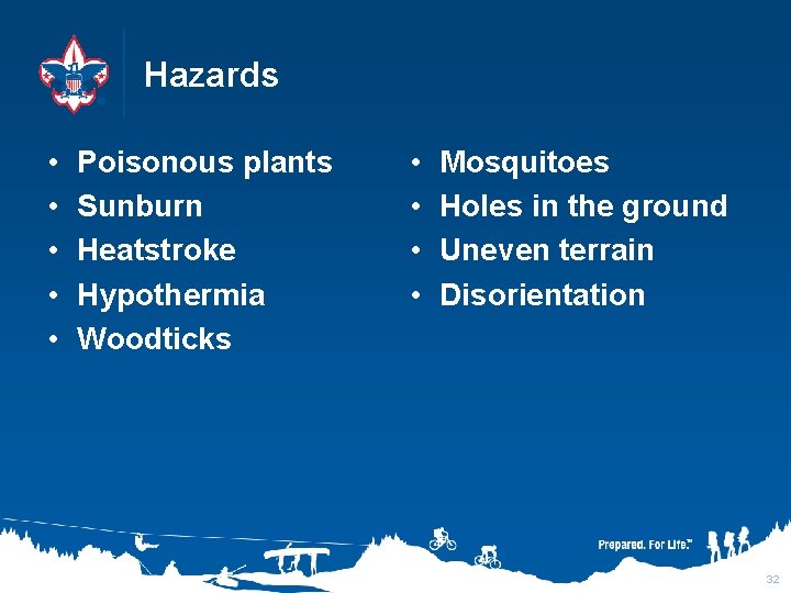 Hazards • • • Poisonous plants Sunburn Heatstroke Hypothermia Woodticks • • Mosquitoes Holes