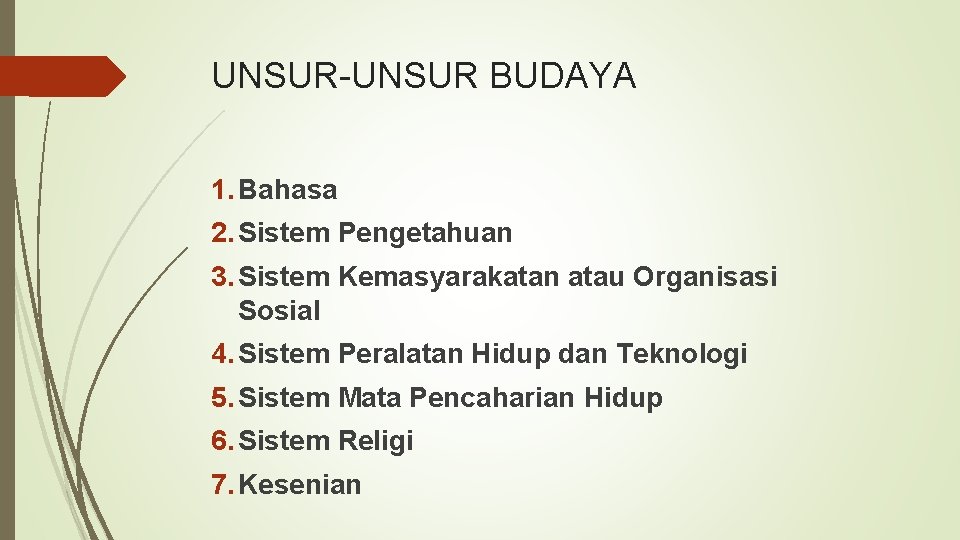 UNSUR-UNSUR BUDAYA 1. Bahasa 2. Sistem Pengetahuan 3. Sistem Kemasyarakatan atau Organisasi Sosial 4.