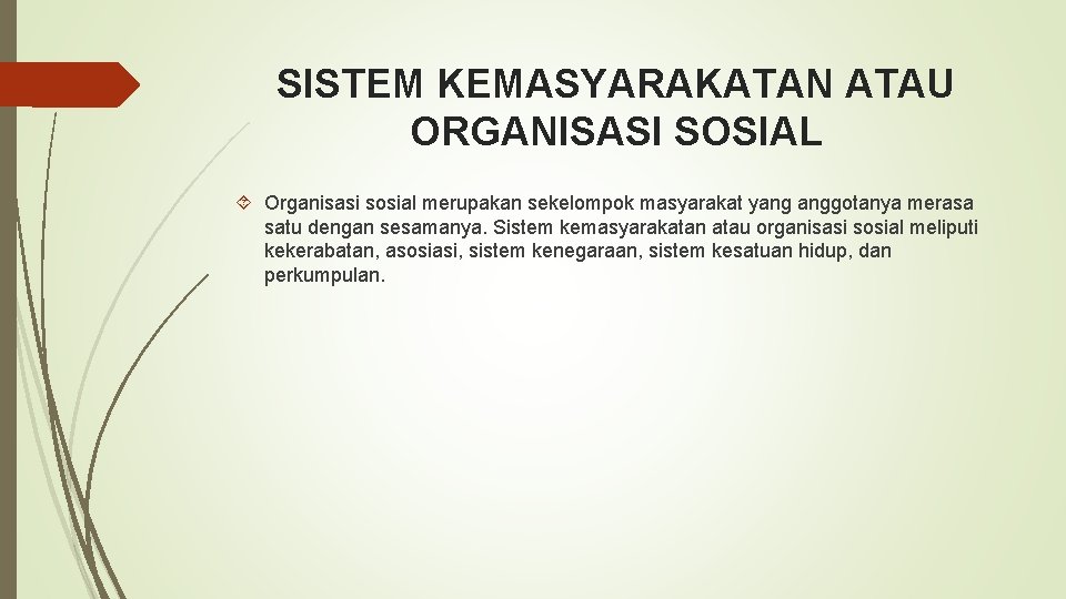 SISTEM KEMASYARAKATAN ATAU ORGANISASI SOSIAL Organisasi sosial merupakan sekelompok masyarakat yang anggotanya merasa satu