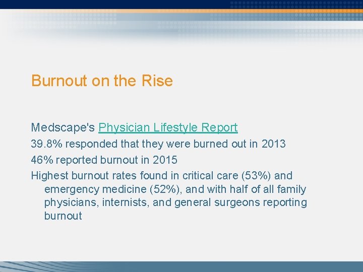 Burnout on the Rise Medscape's Physician Lifestyle Report 39. 8% responded that they were