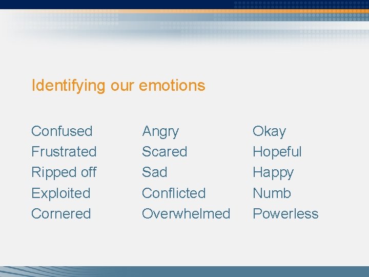 Identifying our emotions Confused Frustrated Ripped off Exploited Cornered Angry Scared Sad Conflicted Overwhelmed