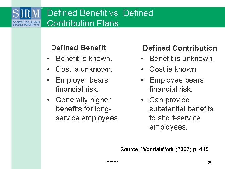 Defined Benefit vs. Defined Contribution Plans Defined Benefit • Benefit is known. • Cost