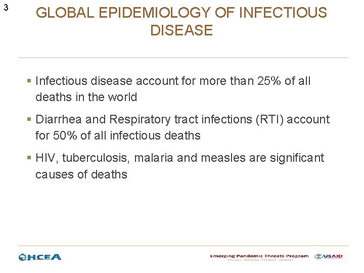 3 GLOBAL EPIDEMIOLOGY OF INFECTIOUS DISEASE § Infectious disease account for more than 25%