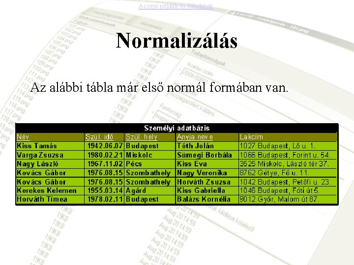 Access példák és feladatok Normalizálás Az alábbi tábla már első normál formában van. 