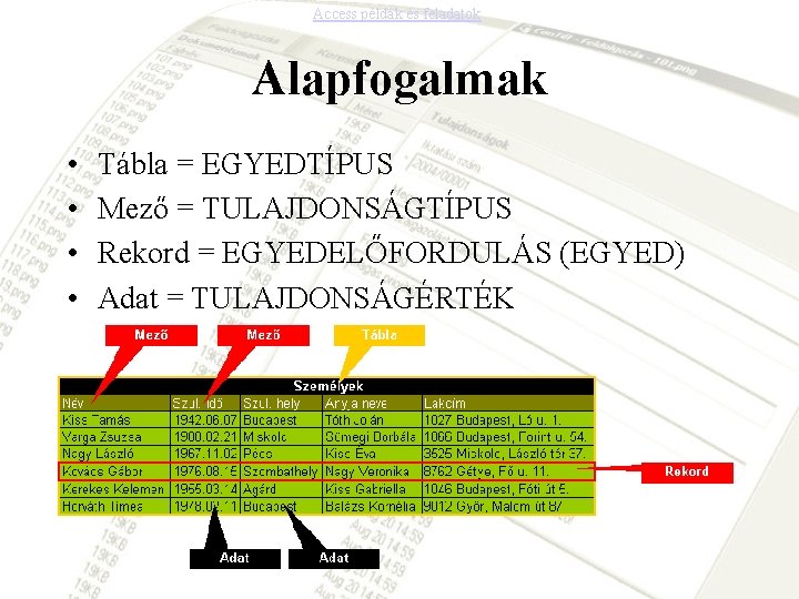 Access példák és feladatok Alapfogalmak • • Tábla = EGYEDTÍPUS Mező = TULAJDONSÁGTÍPUS Rekord