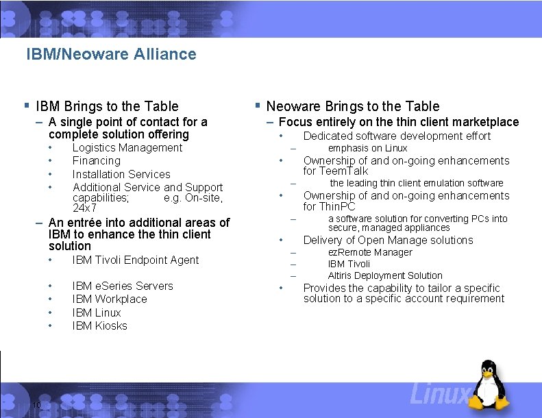 IBM/Neoware Alliance § IBM Brings to the Table – A single point of contact