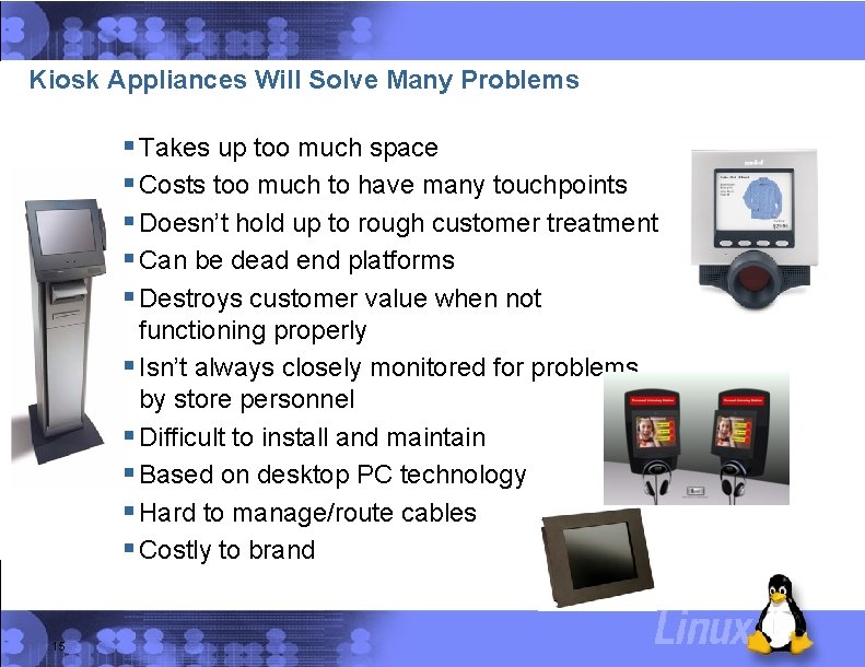Kiosk Appliances Will Solve Many Problems § Takes up too much space § Costs