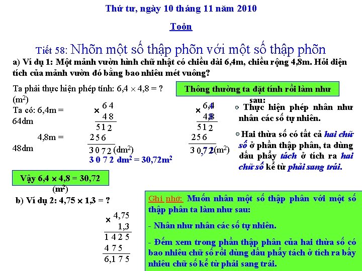 Thứ tư, ngày 10 tháng 11 năm 2010 Toỏn Tiết 58: Nhõn một số