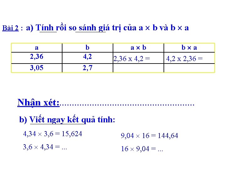 Bài 2 : a) Tính rồi so sánh giá trị của a b và