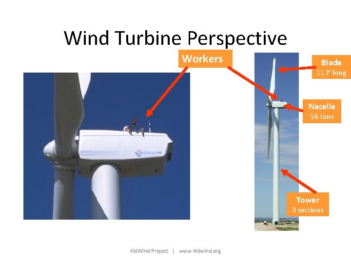 Wind Turbine Perspective Workers Blade 112’ long Nacelle 56 tons Tower 3 sections Kid.