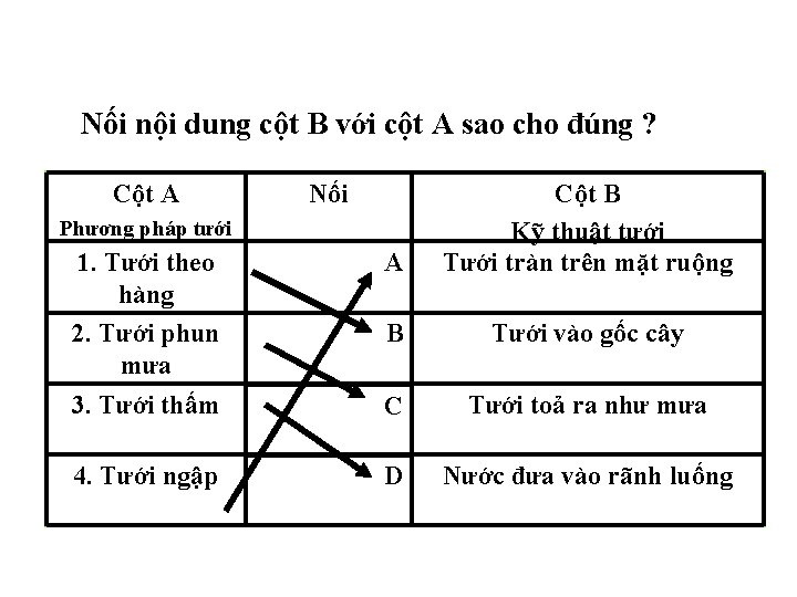 Nối nội dung cột B với cột A sao cho đúng ? Cột A