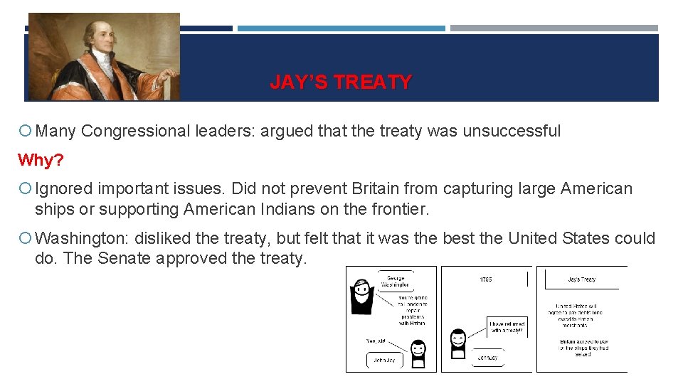 JAY’S TREATY Many Congressional leaders: argued that the treaty was unsuccessful Why? Ignored important