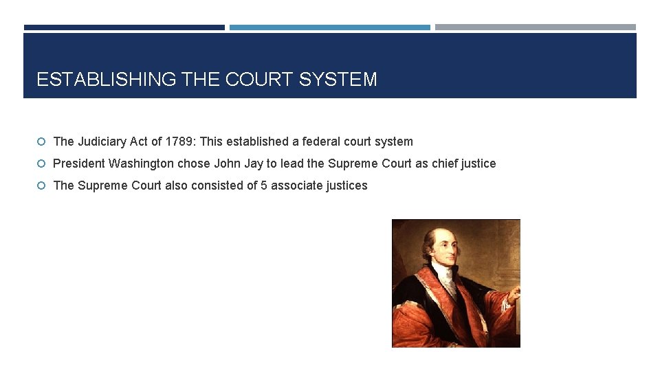 ESTABLISHING THE COURT SYSTEM The Judiciary Act of 1789: This established a federal court