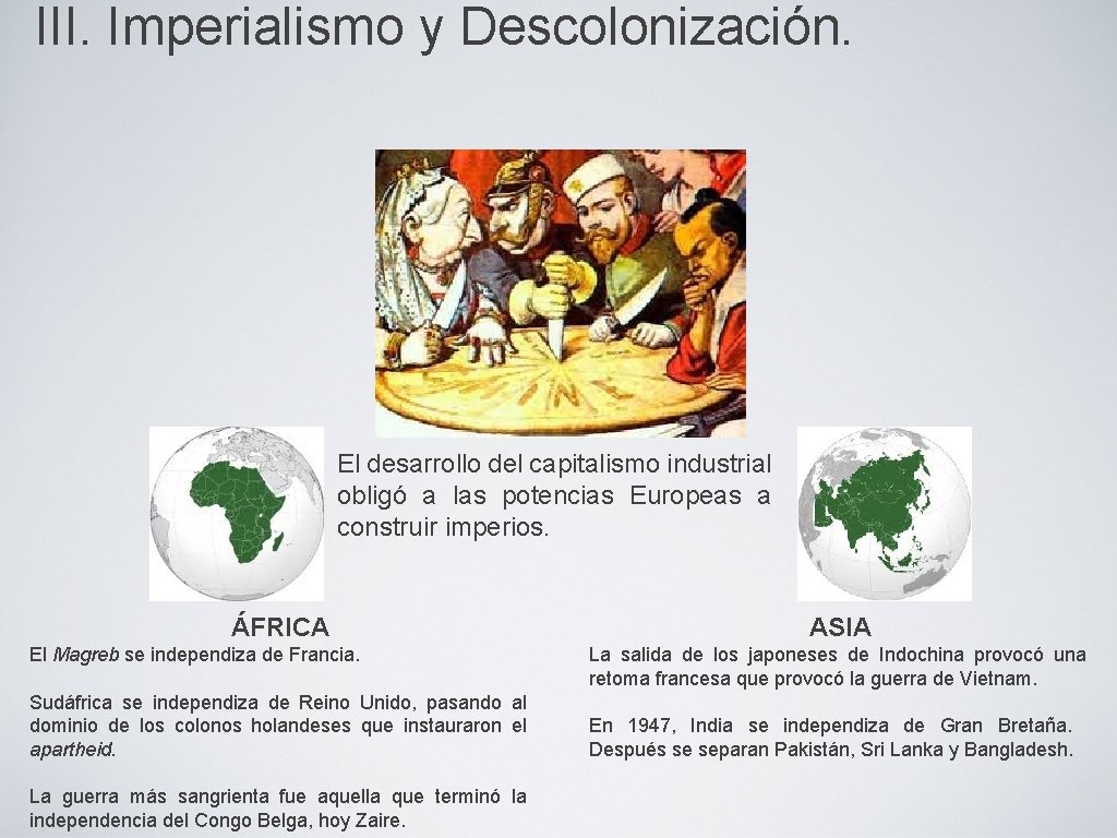 III. Imperialismo y Descolonización. El desarrollo del capitalismo industrial obligó a las potencias Europeas