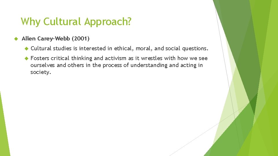 Why Cultural Approach? Allen Carey-Webb (2001) Cultural studies is interested in ethical, moral, and