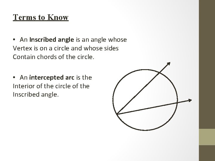 Terms to Know • An Inscribed angle is an angle whose Vertex is on