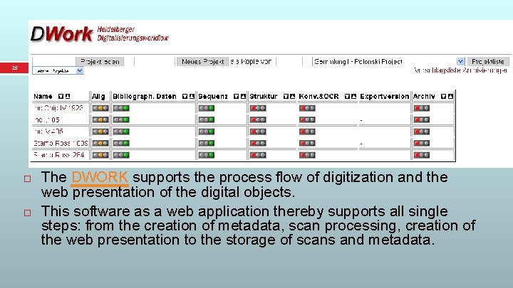 Web presentation 25 The DWORK supports the process flow of digitization and the web