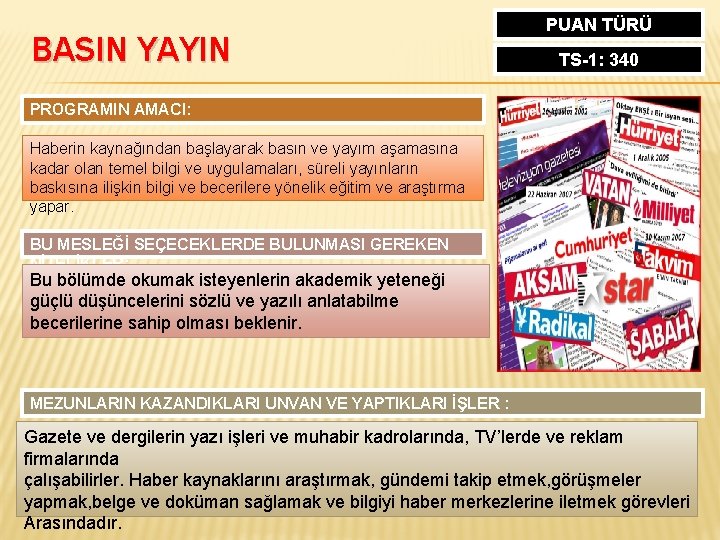 BASIN YAYIN PUAN TÜRÜ TS-1: 340 PROGRAMIN AMACI: Haberin kaynağından başlayarak basın ve yayım