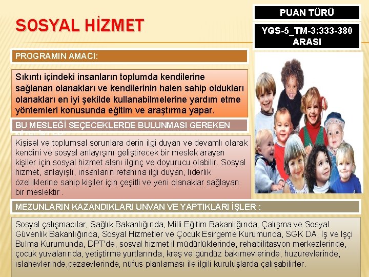 SOSYAL HİZMET PUAN TÜRÜ YGS-5_TM-3: 333 -380 ARASI PROGRAMIN AMACI: Sıkıntı içindeki insanların toplumda