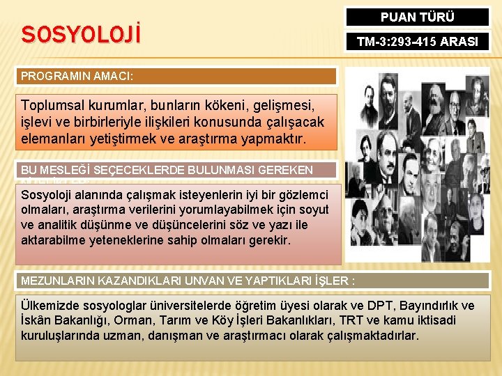 SOSYOLOJİ PUAN TÜRÜ TM-3: 293 -415 ARASI PROGRAMIN AMACI: Toplumsal kurumlar, bunların kökeni, gelişmesi,