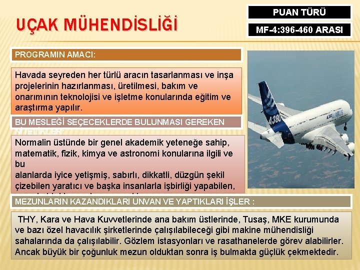 UÇAK MÜHENDİSLİĞİ PUAN TÜRÜ MF-4: 396 -460 ARASI PROGRAMIN AMACI: Havada seyreden her türlü