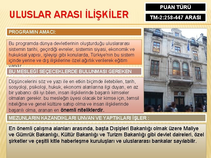 ULUSLAR ARASI İLİŞKİLER PUAN TÜRÜ TM-2: 258 -447 ARASI PROGRAMIN AMACI: Bu programda dünya