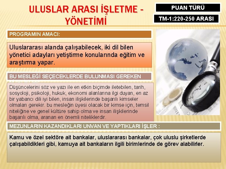 ULUSLAR ARASI İŞLETME YÖNETİMİ PUAN TÜRÜ TM-1: 220 -250 ARASI PROGRAMIN AMACI: Uluslararası alanda