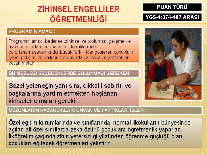 ZİHİNSEL ENGELLİLER ÖĞRETMENLİĞİ PUAN TÜRÜ YGS-4: 374 -407 ARASI PROGRAMIN AMACI: Programın amacı, bedensel,