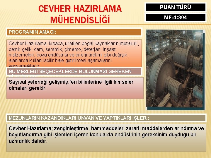 CEVHER HAZIRLAMA MÜHENDİSLİĞİ PUAN TÜRÜ MF-4: 304 PROGRAMIN AMACI: Cevher Hazırlama; kısaca, üretilen doğal