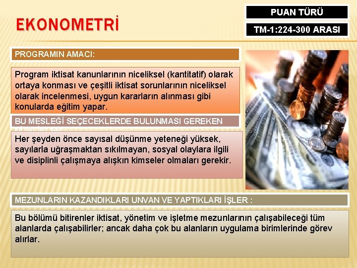 EKONOMETRİ PUAN TÜRÜ TM-1: 224 -300 ARASI PROGRAMIN AMACI: Program iktisat kanunlarının niceliksel (kantitatif)