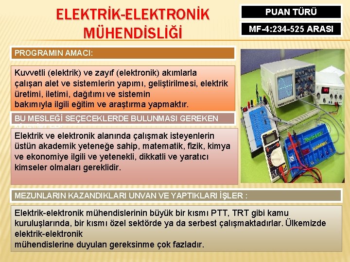 ELEKTRİK-ELEKTRONİK MÜHENDİSLİĞİ PUAN TÜRÜ MF-4: 234 -525 ARASI PROGRAMIN AMACI: Kuvvetli (elektrik) ve zayıf