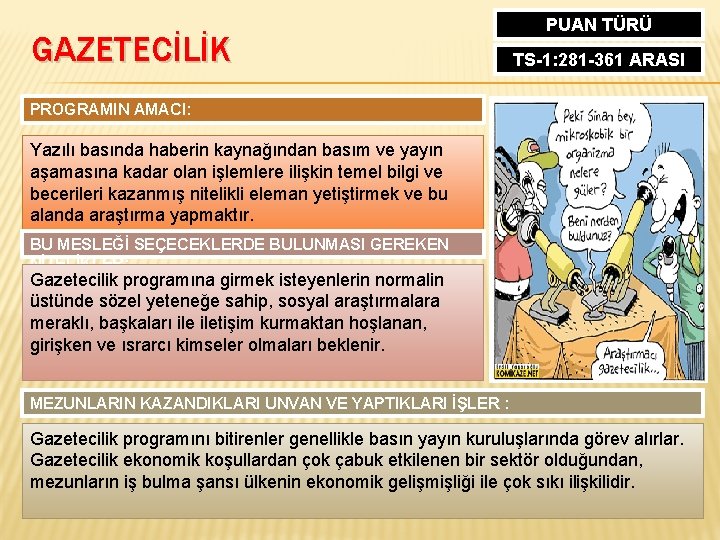 GAZETECİLİK PUAN TÜRÜ TS-1: 281 -361 ARASI PROGRAMIN AMACI: Yazılı basında haberin kaynağından basım