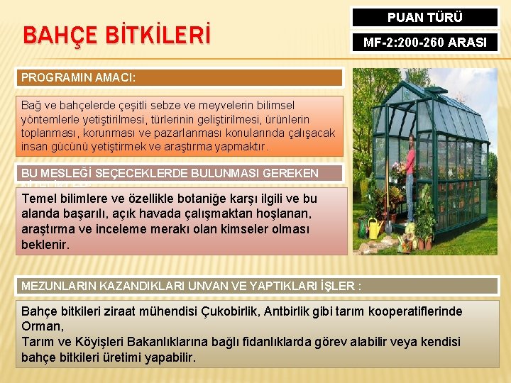 BAHÇE BİTKİLERİ PUAN TÜRÜ MF-2: 200 -260 ARASI PROGRAMIN AMACI: Bağ ve bahçelerde çeşitli