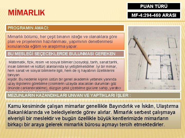 MİMARLIK PUAN TÜRÜ MF-4: 294 -460 ARASI PROGRAMIN AMACI: Mimarlık bölümü, her çeşit binanın