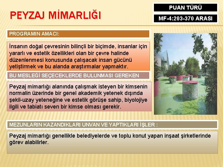 PEYZAJ MİMARLIĞI PUAN TÜRÜ MF-4: 203 -370 ARASI PROGRAMIN AMACI: İnsanın doğal çevresinin bilinçli