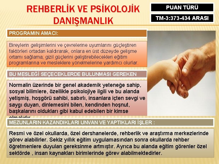 REHBERLİK VE PSİKOLOJİK DANIŞMANLIK PUAN TÜRÜ TM-3: 373 -434 ARASI PROGRAMIN AMACI: Bireylerin gelişimlerini