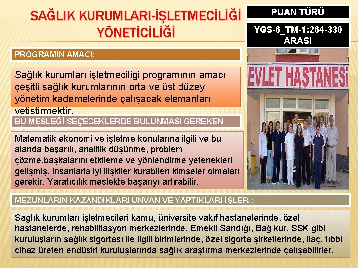 SAĞLIK KURUMLARI-İŞLETMECİLİĞİ YÖNETİCİLİĞİ PUAN TÜRÜ YGS-6_TM-1: 264 -330 ARASI PROGRAMIN AMACI: Sağlık kurumları işletmeciliği