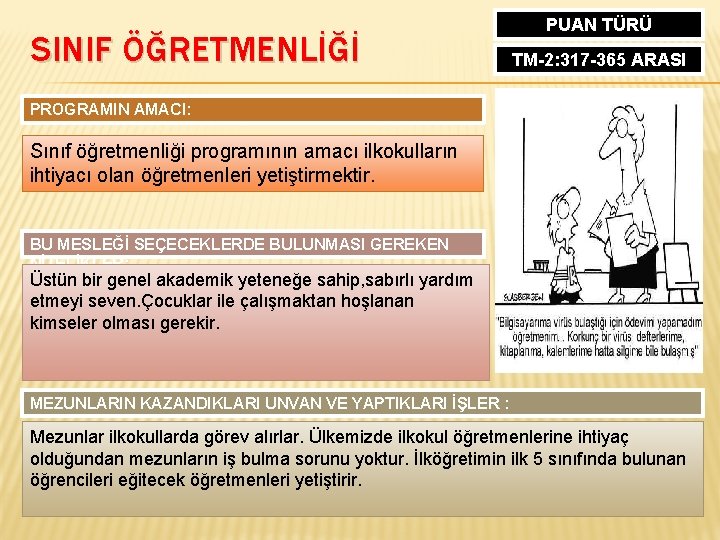 SINIF ÖĞRETMENLİĞİ PUAN TÜRÜ TM-2: 317 -365 ARASI PROGRAMIN AMACI: Sınıf öğretmenliği programının amacı