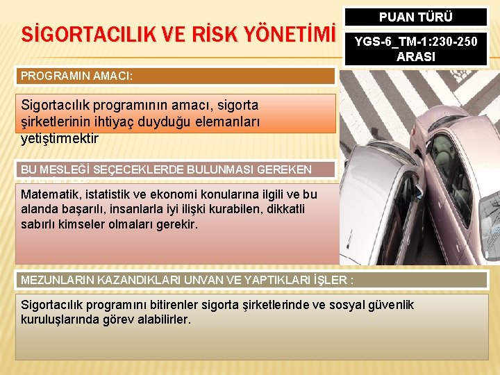 SİGORTACILIK VE RİSK YÖNETİMİ PUAN TÜRÜ YGS-6_TM-1: 230 -250 ARASI PROGRAMIN AMACI: Sigortacılık programının